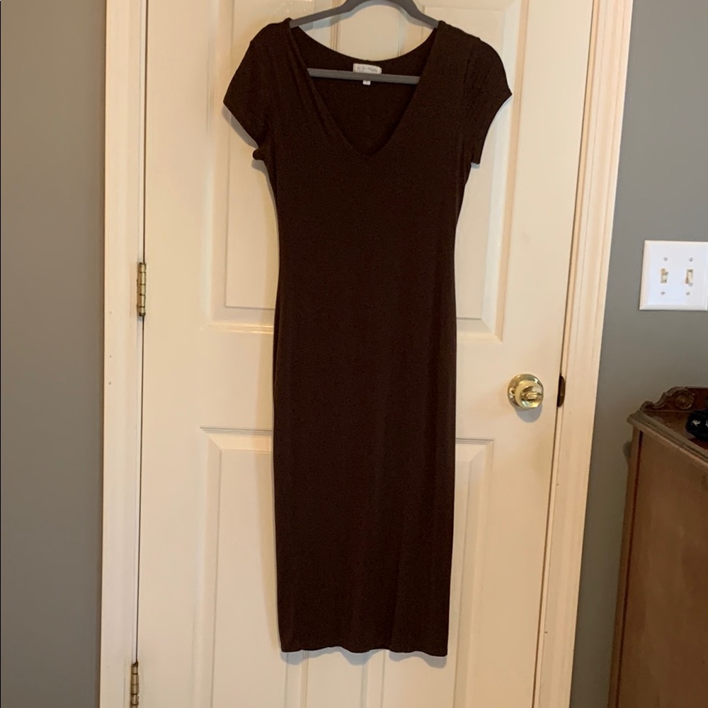 See You Monday Brown Sheath Midi Dress V-Neck Short Sleeve
